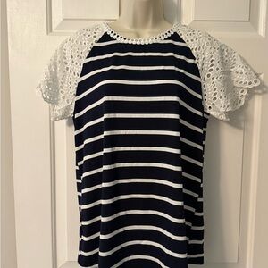 Entro Navy and White Striped Top with Lace Trim